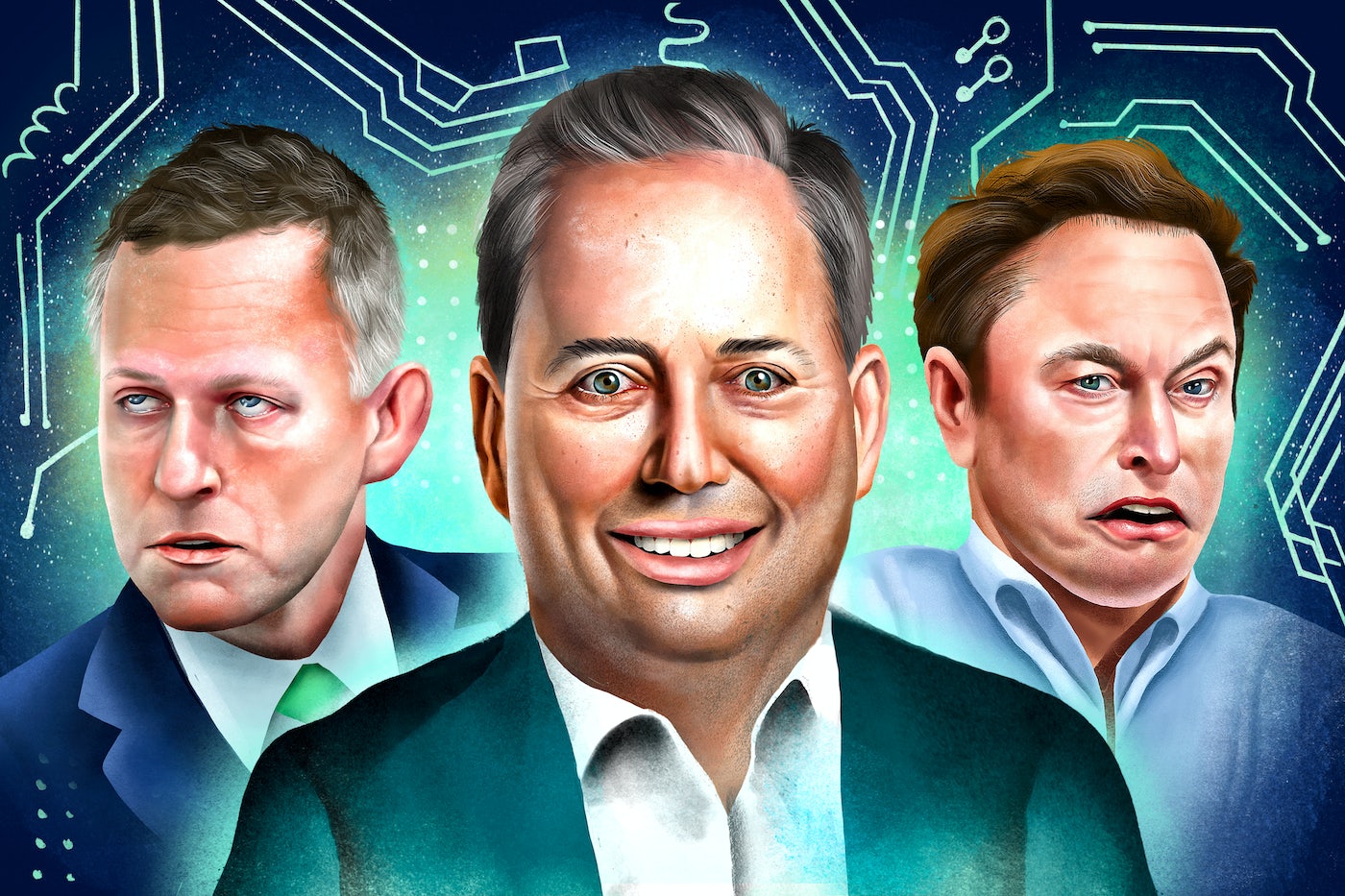 Okay, let's break down this image through a few theoretical lenses. It's a portrait of three faces, clearly resembling prominent tech figures (likely Peter Thiel, Mark Zuckerberg, and Elon Musk), presented in a digita...