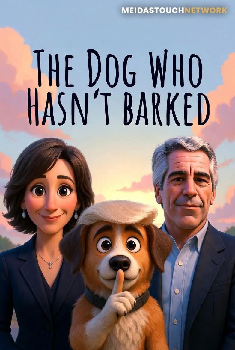 This digital image features two adults dressed in formal business attire standing next to an animated dog wearing "Donald Trump" hair, creating a surreal and humorous contrast between serious corporate wear and ridicu...