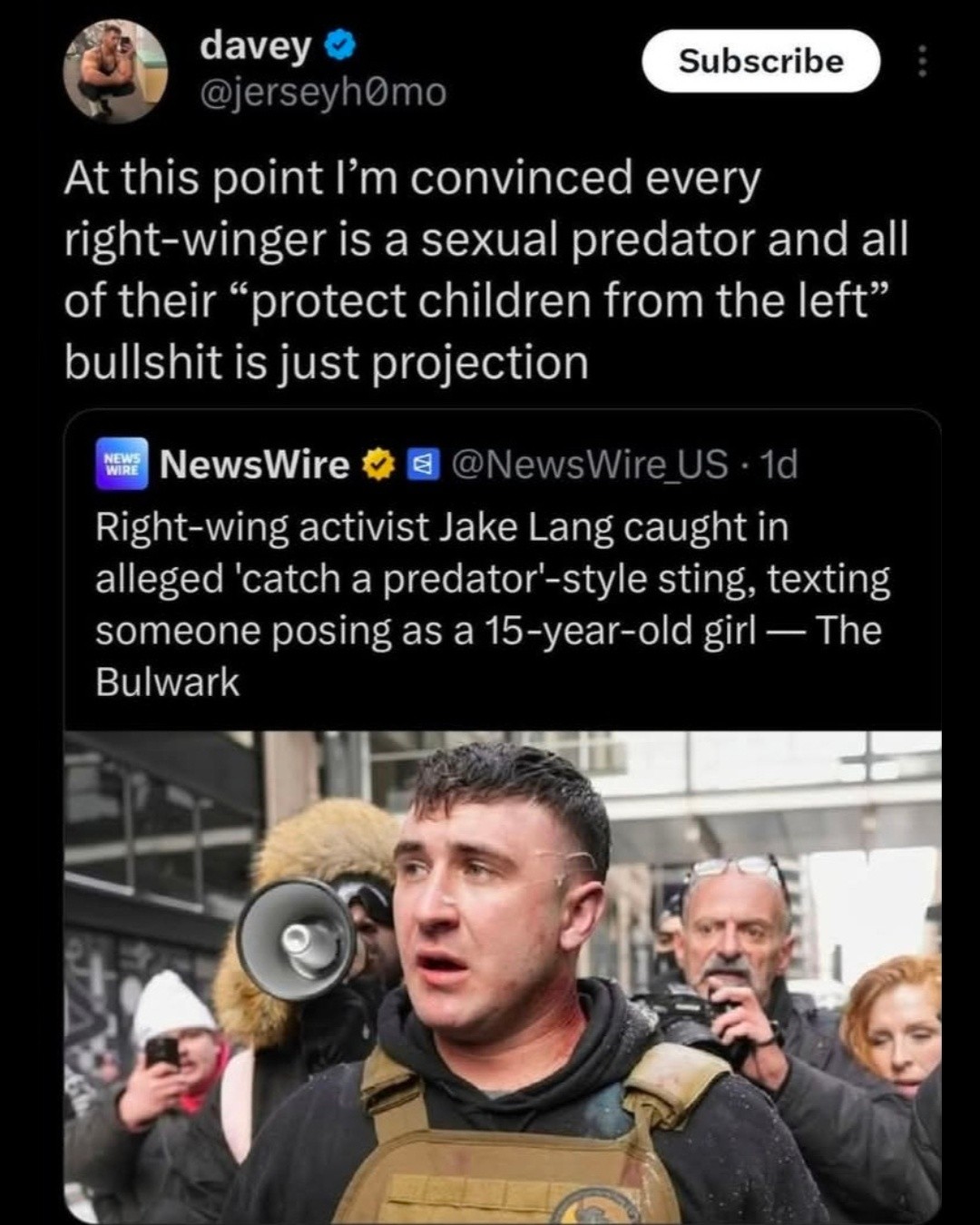 This meme plays on a headline that accused right-wing activist Jake Lang of texting someone posing as a 15-year-old girl to trick her into "catching a predator." It cuts away from this story to show Lang surrounded by...