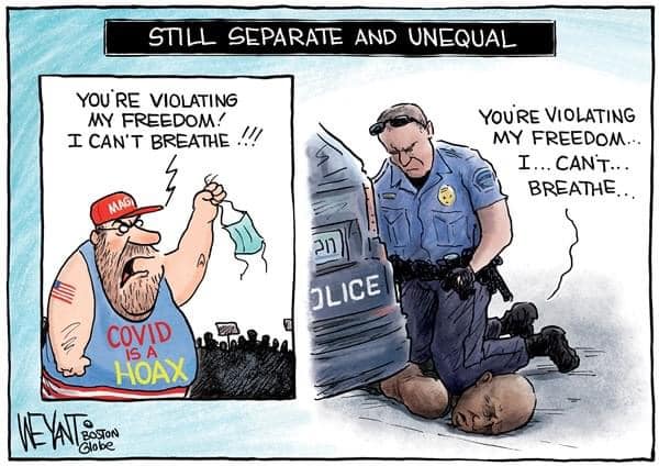 Okay, let's break down this political cartoon using the lenses you've provided. It's a powerful image and rich for analysis. **Visual Description** The cartoon is divided into two distinct panels. * **Left Panel:** A...