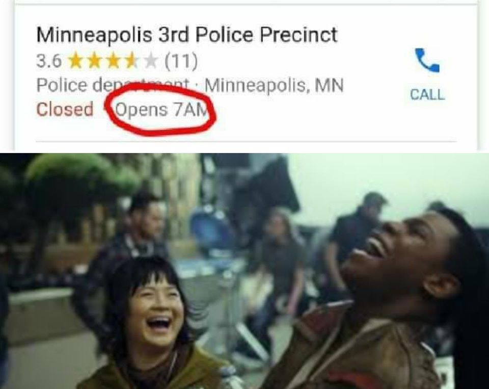 Okay, here's an analysis of the composite image (a Google Maps listing for the Minneapolis 3rd Police Precinct juxtaposed with a photograph of protesters celebrating near a burning building, likely in the aftermath of...