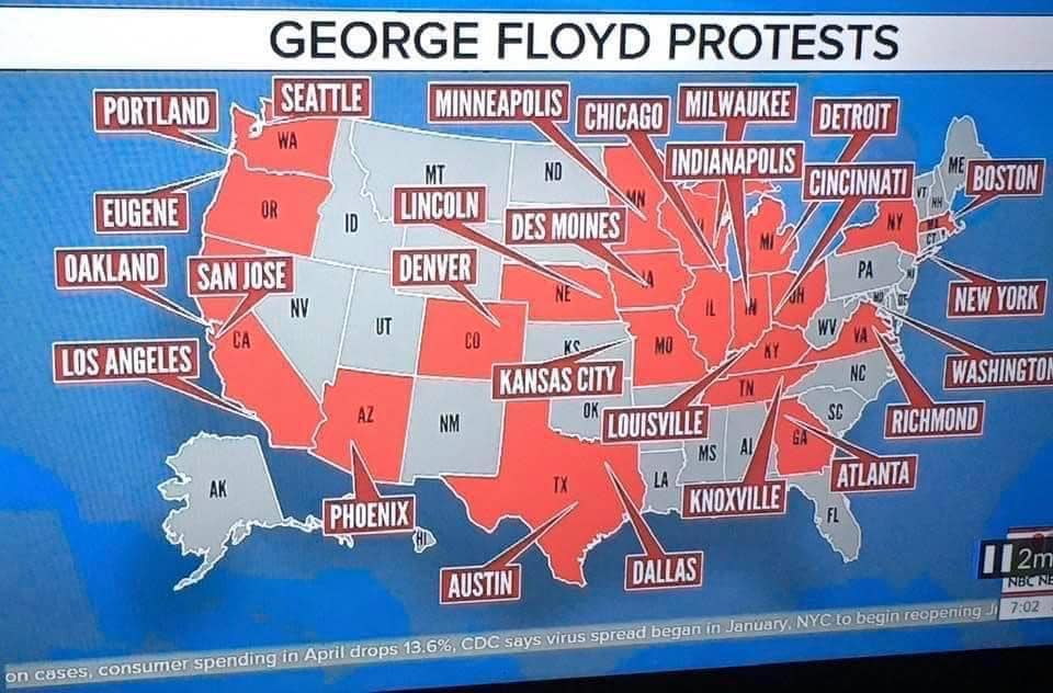 Okay, let's break down this image of a US map displaying cities where George Floyd protests occurred, analyzed through several theoretical lenses. ## Visual Description The image is a screenshot of a television news g...