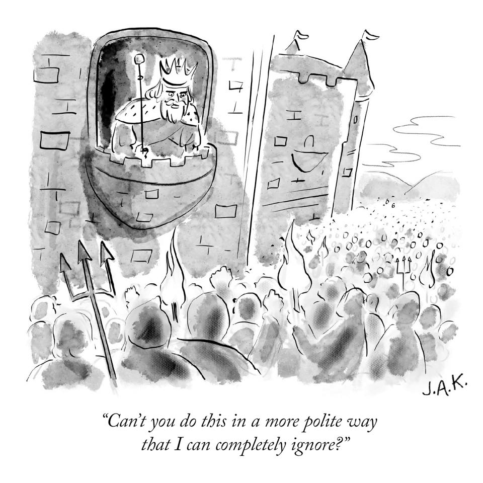 Okay, let's break down this cartoon with the requested analytical lenses. **Visual Description** The cartoon is a black and white illustration. It depicts a figure—presumably a person of high status or a ruler—seated...