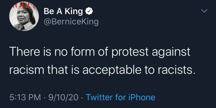 Okay, let's break down this tweet from Bernice King through several theoretical lenses. It's a powerful statement, so there's a lot to unpack. **Visual Description** The image is a profile picture, likely from Twitter...