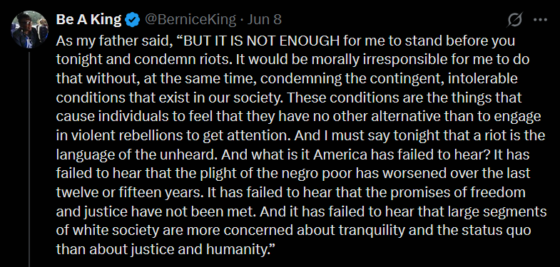 Okay, let's break down this Twitter post from Bernice King with analysis through the requested theoretical lenses. **Visual Description** The image shows a Twitter post. The user handle is "@BerniceKing" and the post...