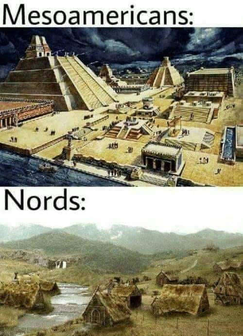 Okay, let's break down this image, labeled "Mesoamericans" and "Nords," through the requested theoretical lenses. It's important to note that this image is *highly* laden with implied comparison and relies on broad ge...