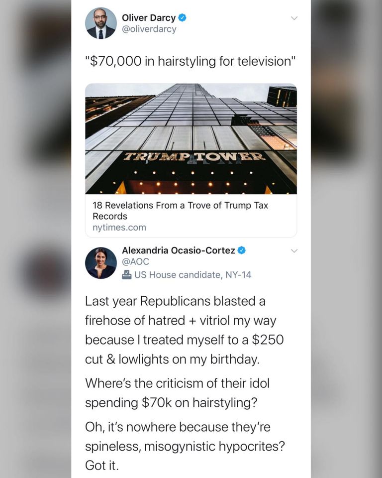 Okay, let's break down this Twitter exchange between Oliver Darcy and Alexandria Ocasio-Cortez (AOC) through the lenses requested. Note that some of these frameworks will be more relevant than others, and some will in...