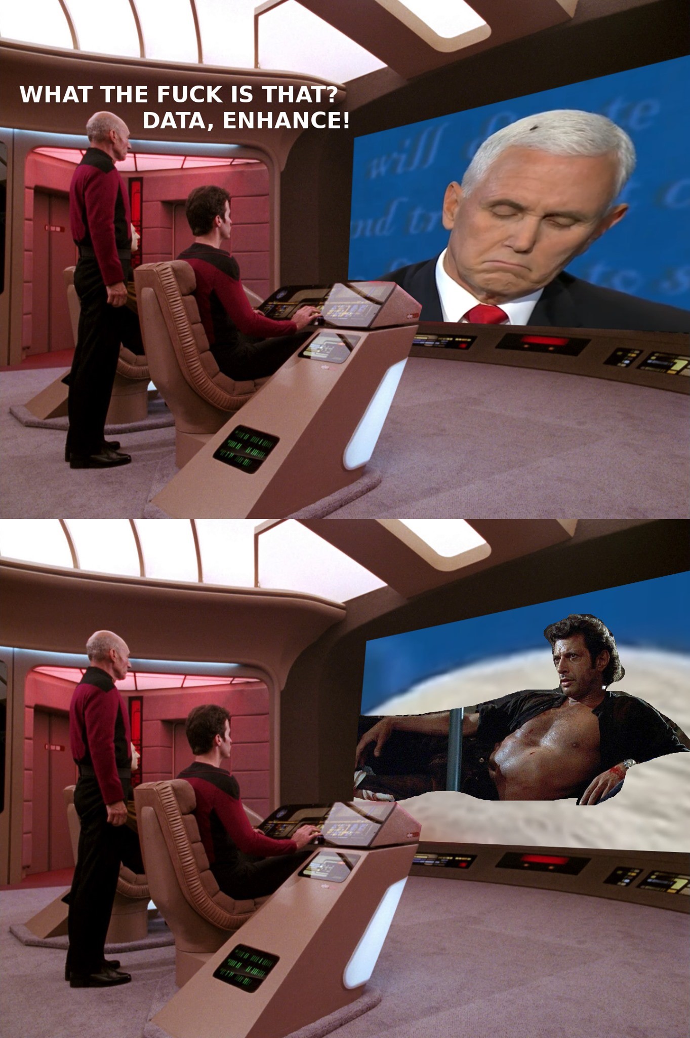 Okay, let's break down this meme using the requested theoretical frameworks. It's a layered image with a clear shift in context, lending itself to various analyses. ## Visual Description The image is a three-panel mem...