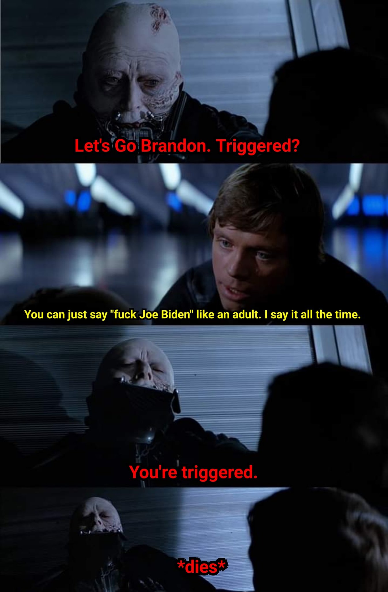 Okay, let's break down this meme using the requested theoretical frameworks. It's a complex image with a lot going on, so we'll try to be thorough. **Visual Description** The image is a still from the movie *Star Wars...