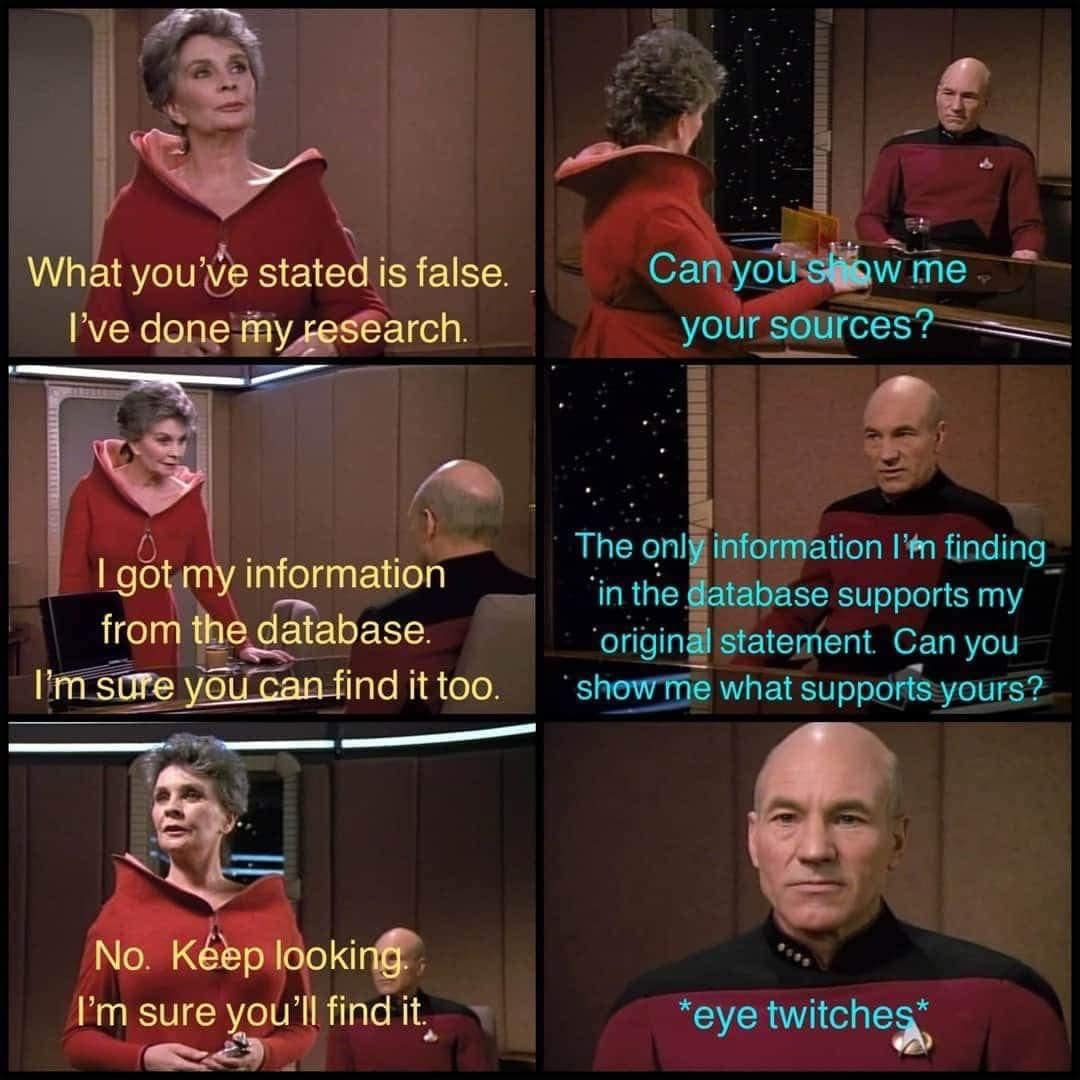 Okay, here's an analysis of the Star Trek meme, broken down into sections based on the requested theoretical frameworks. The meme depicts a terse exchange between Commander Riker and Captain Picard about the validity...