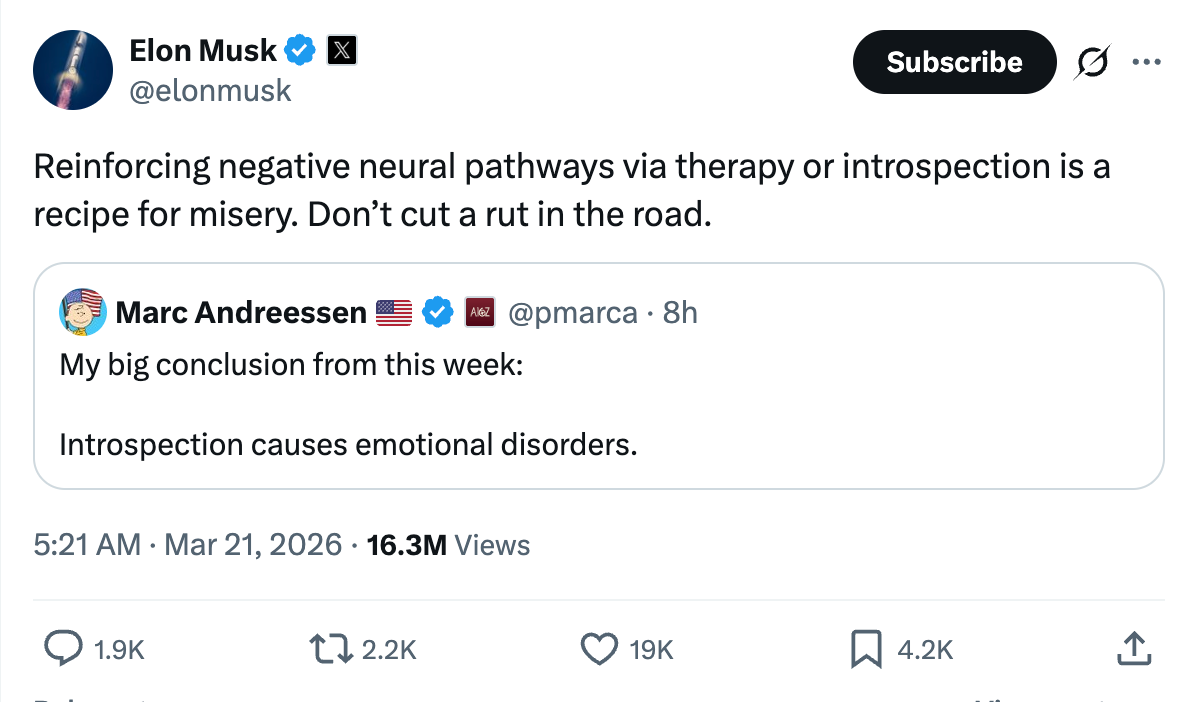 This meme humorously critiques a reactionary ideal of hyper-individualism, suggesting that relying solely on internal reflection is a "recipe for misery." Elon Musk posts that negative neural pathways are better handl...