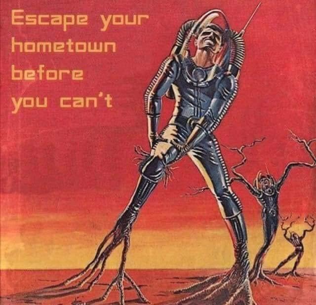 Okay, let's break down this striking image with analyses from various theoretical frameworks. ## Visual Description The image is a vintage-style illustration or poster, reminiscent of mid-20th-century science fiction...