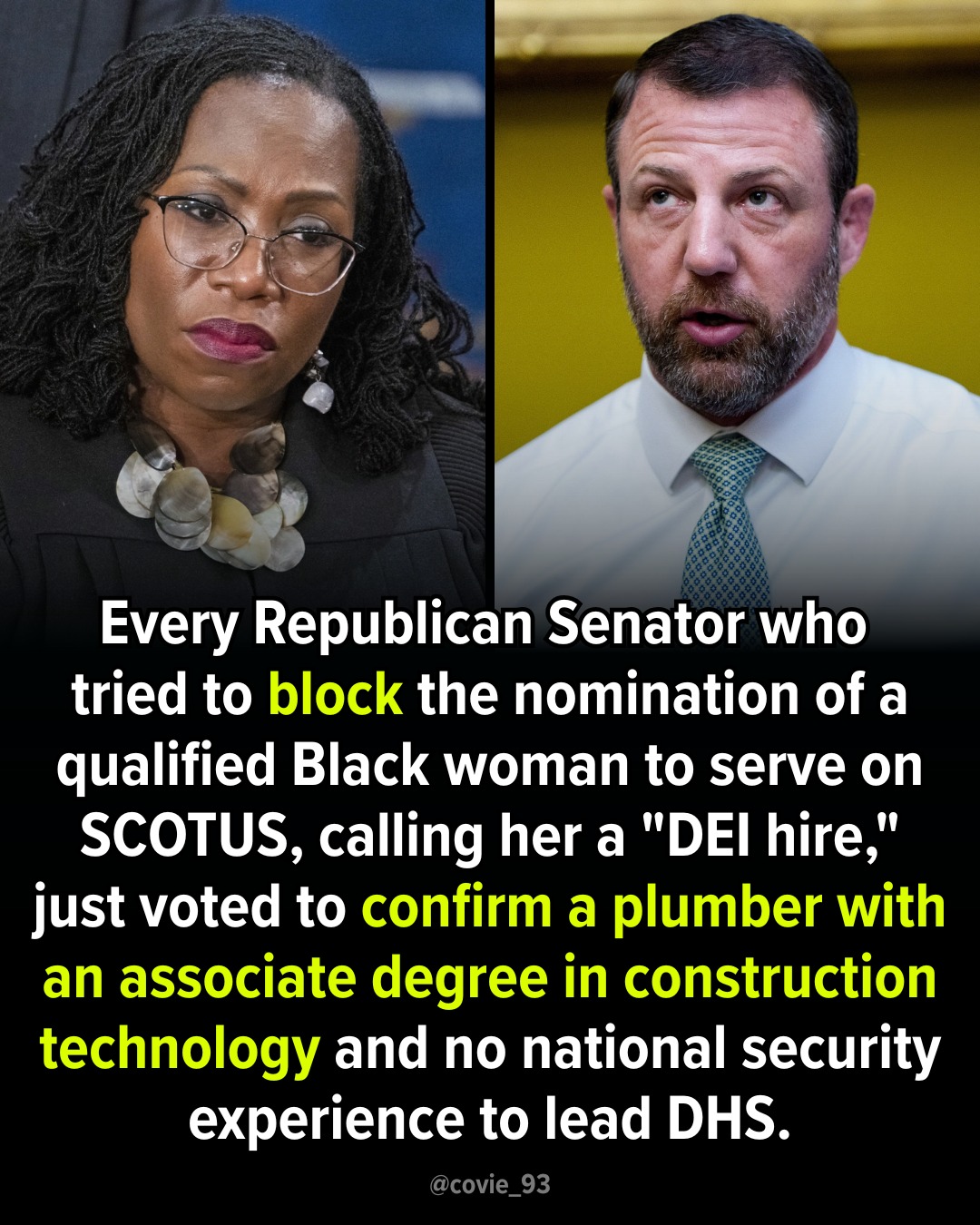 This meme acts as a biting critique of political hypocrisy, labeling it "anti-reactionary" by challenging the dominant narrative. It highlights the absurdity of opposing the appointment of Black women to high court po...