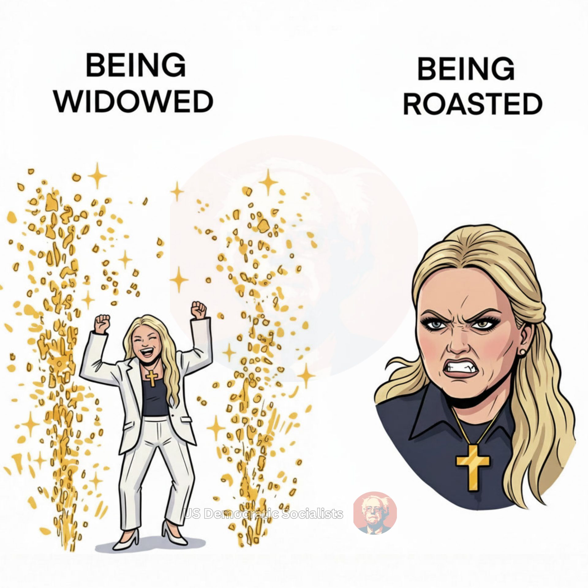 This anti-reactionary meme satirizes political hypocrisy by comparing how people react to two different types of trouble. On the left, a woman labeled "Being Widowed" is depicted celebrating with golden coins, suggest...