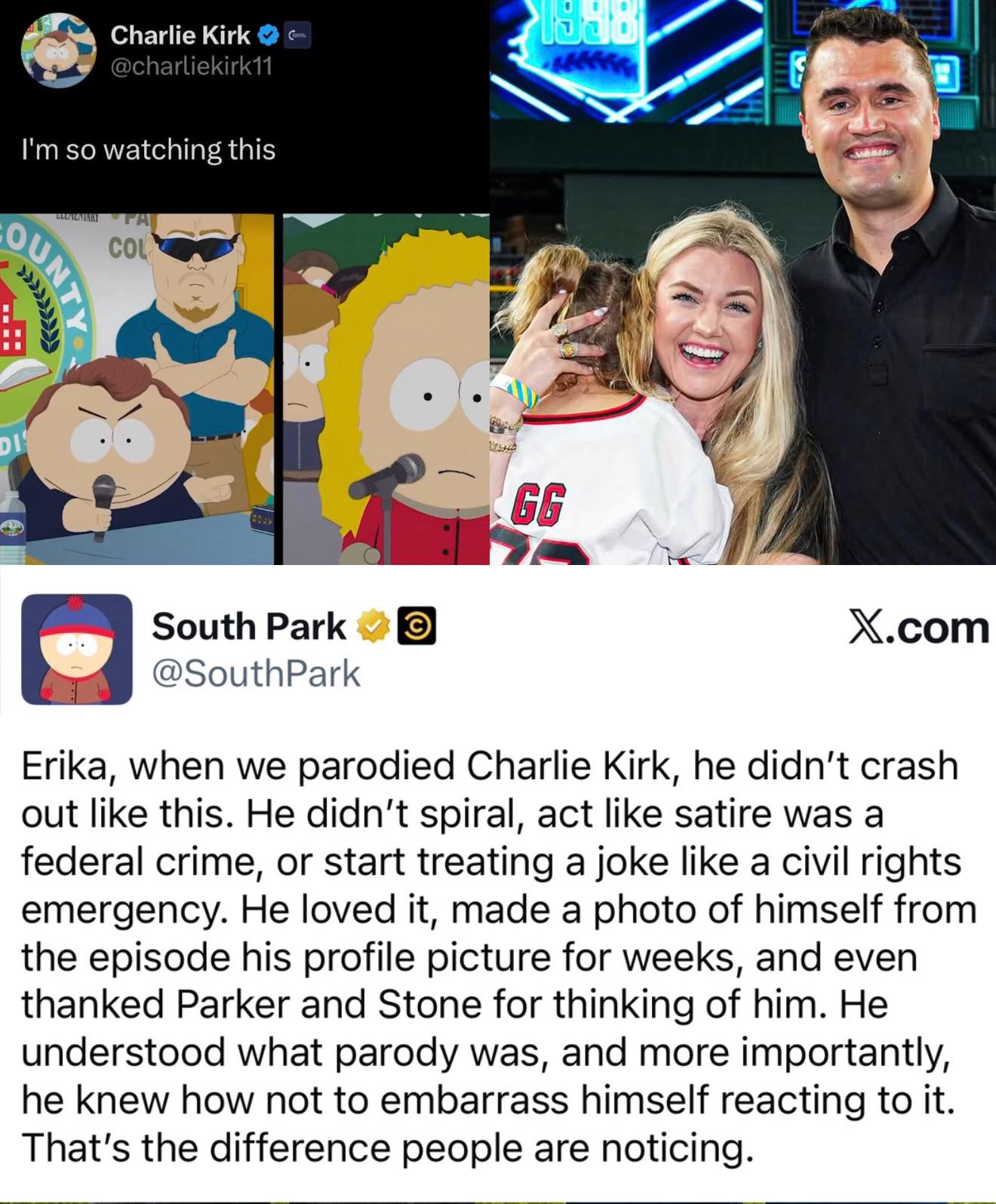 This anti-reactionary meme illustrates a defense of free speech and artistic expression against conservative backlash. On the left, Charlie Kirk mocks South Park characters as authoritarian officials, but on the right...
