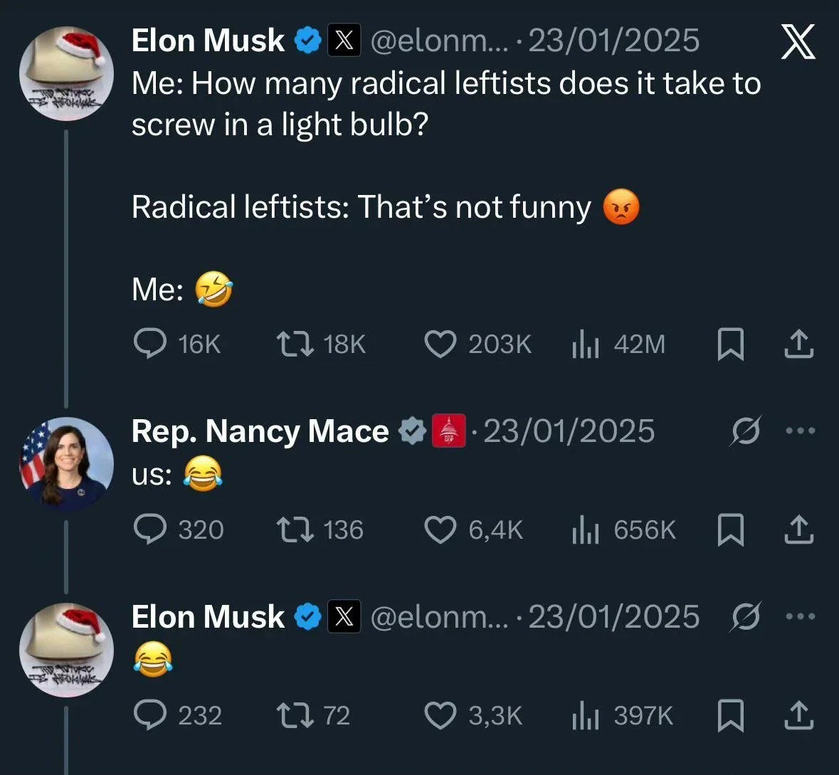 This thread uses the idiom "screw in a light bulb" to playfully mock traditional views where repairing a broken system is the only way forward. Elon Musk asks how many people need to be on the side of radical leftists...