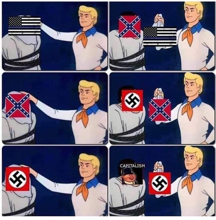 Okay, let's break down this meme using the frameworks you've requested. It's a provocative image, and the analysis will be detailed. **Visual Description** The meme is constructed from six panels, all using a screenca...