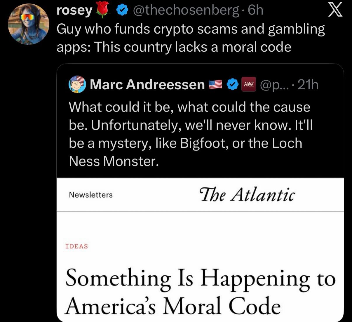 This meme mocks the idea of a "moral code" by starting with an **The Atlantic** headline that reads "**Something Is Happening to America's Moral Code**," which is framed here with modern internet slang like "Ideas" an...