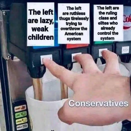 This meme depicts a hand pressing buttons on a machine (likely a slushie dispenser), overlaid with three papers that claim the "Left" are lazy, ruthless thugs trying to overthrow the American system, or the ruling cla...