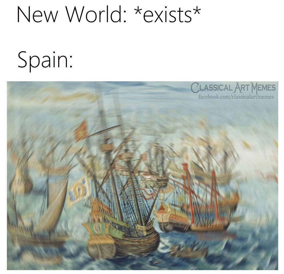 Okay, let's break down this image and the accompanying meme text through a series of critical lenses. **Visual Description** The image depicts a crowded seascape with numerous sailing ships. The ships are quite detail...