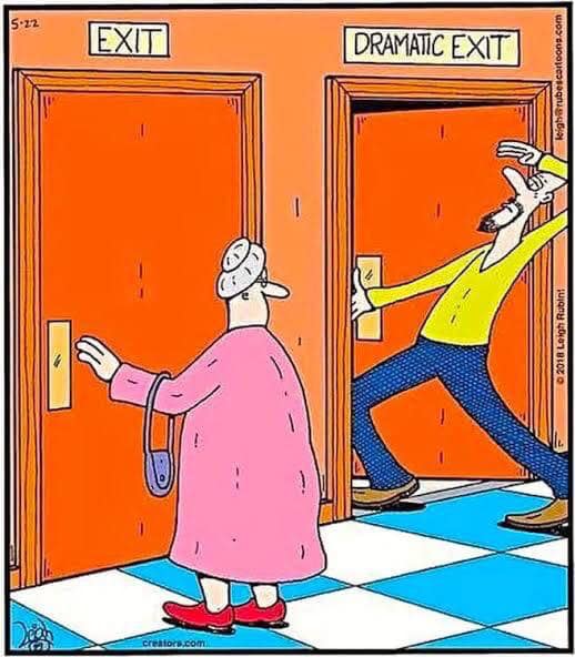 Okay, let's break down this cartoon using the requested analytical frameworks. **Visual Description** The cartoon depicts two adjacent doorways. The doorway on the left has a simple sign reading "EXIT" and an older wo...