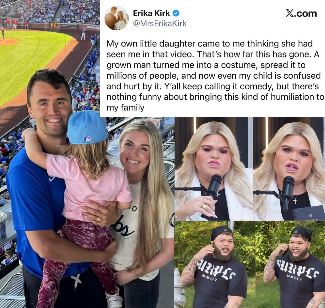 This meme features a tweet from Erika Kirk (X.com/@MrsErikaKirk) complaining that her own daughter saw her in a video where she wore heavy eyeliner and lipstick. The image also includes the viral "Eriksburg" clips of...