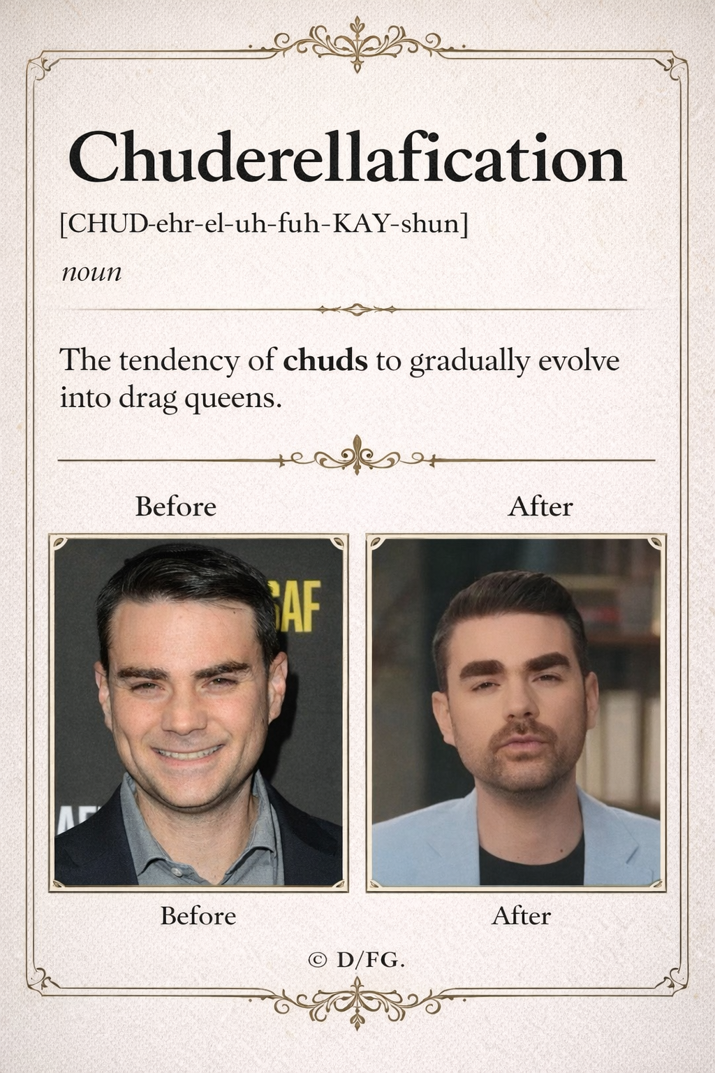 Chuderellafication (pronounced chudder-eluh-FAY-shun) is a phonetically invented portmanteau combining the slang term "chud"—a derogatory slur often used for drag performers who dress as women but maintain a masculine...