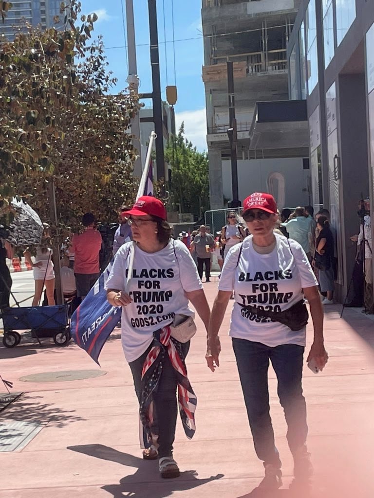 This meme is an image of two elderly women wearing "Make America Great Again" hats and "Blacks for Trump" t-shirts, with one of them holding a "Blacks for Trump" sign. The text on their shirts reads "Blacks for Trump...