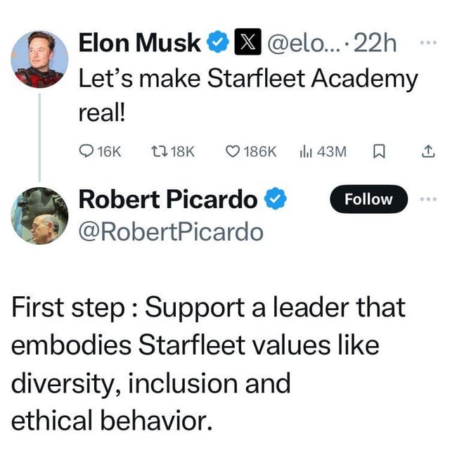This meme plays on the idea of repurposing a futuristic sci-fi concept for social good. By using Elon Musk’s announcement of "Starfleet Academy"—which often represents forward-thinking innovation—it humorously pivots...