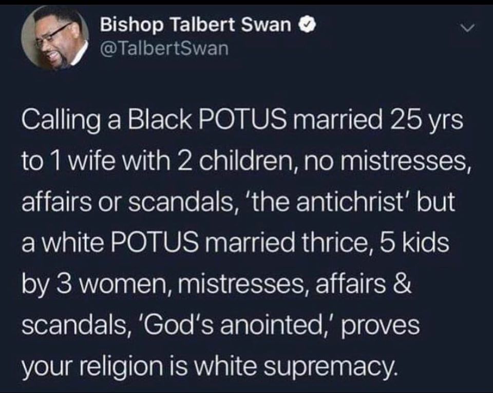 Okay, let's break down this social media post from Bishop Talbert Swan through the lenses you've requested. It's important to note that this post is highly charged, making it ripe for analysis from multiple theoretica...
