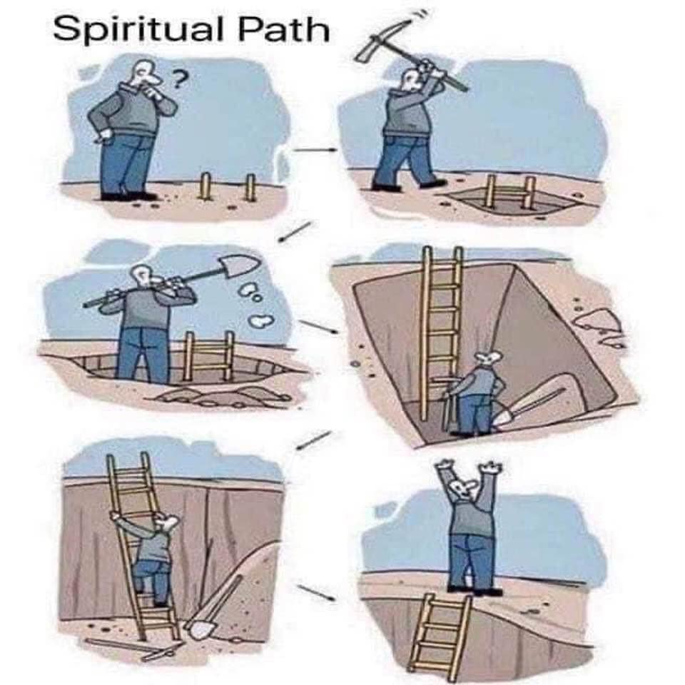 Okay, let's break down this image ("Spiritual Path") using the requested theoretical lenses. **Visual Description** The image is a six-panel cartoon depicting a man engaging in a seemingly endless task of digging and...