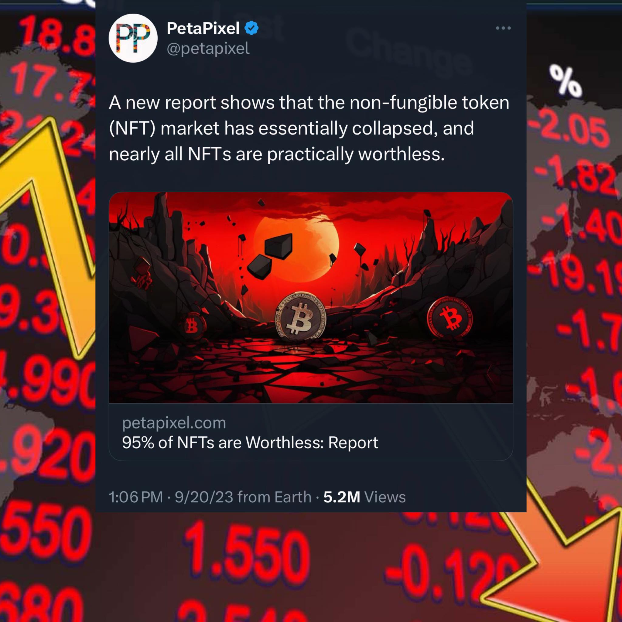 Okay, let's break down this image of a tweet about the NFT market collapse through the lenses you've requested. I will only include the headings where the analysis is relevant. **1. Visual Description** The image is a...