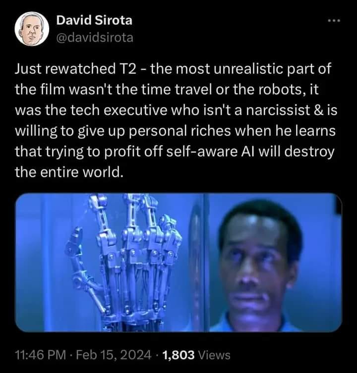 Okay, let's break down this social media post, incorporating analysis where relevant. **Visual Description** The image is a still from the film *Terminator 2: Judgment Day*. It depicts a metallic, skeletal robotic han...