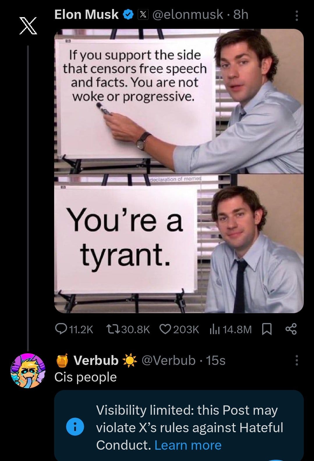 Okay, let's break down this X (formerly Twitter) post by Elon Musk and the reply from @Verbub, using the requested theoretical lenses. **Please note:** Applying these complex theories to a single social media post is...