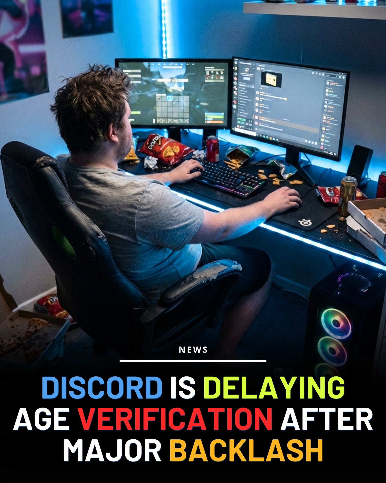The image depicts a very messy gaming setup filled with snack wrappers, soda cans, and half-eaten pizza boxes, all while someone works on two monitors. The "Anti-Tech" meme mocks the idea that using apps like Discord...