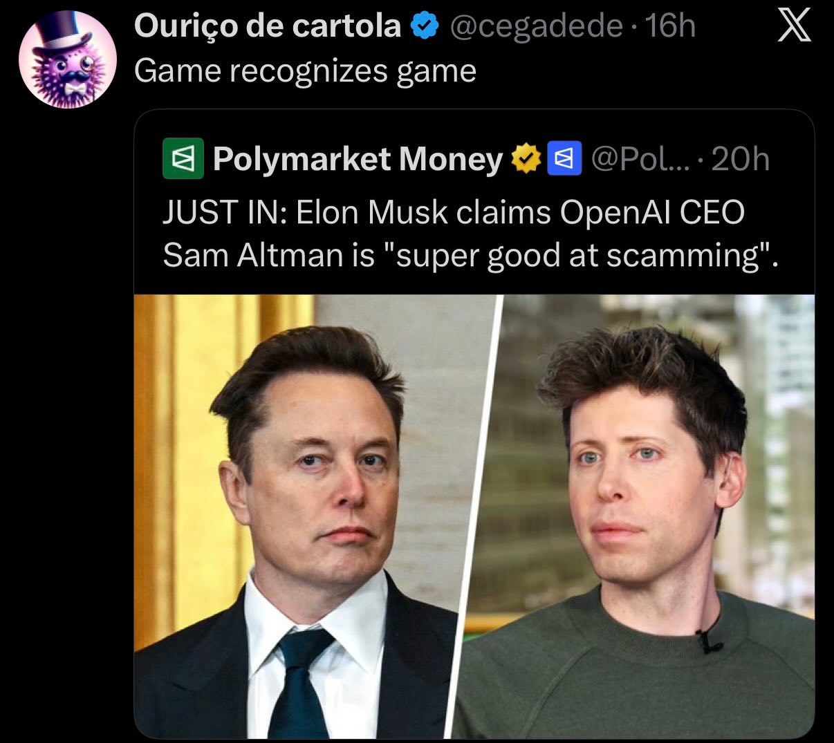 This meme mocks the idea that tech titans like Elon Musk and Sam Altman are just greedy scammers looking for low-hanging fruit in each other's companies. The headline from the image claims that Musk believes "super go...