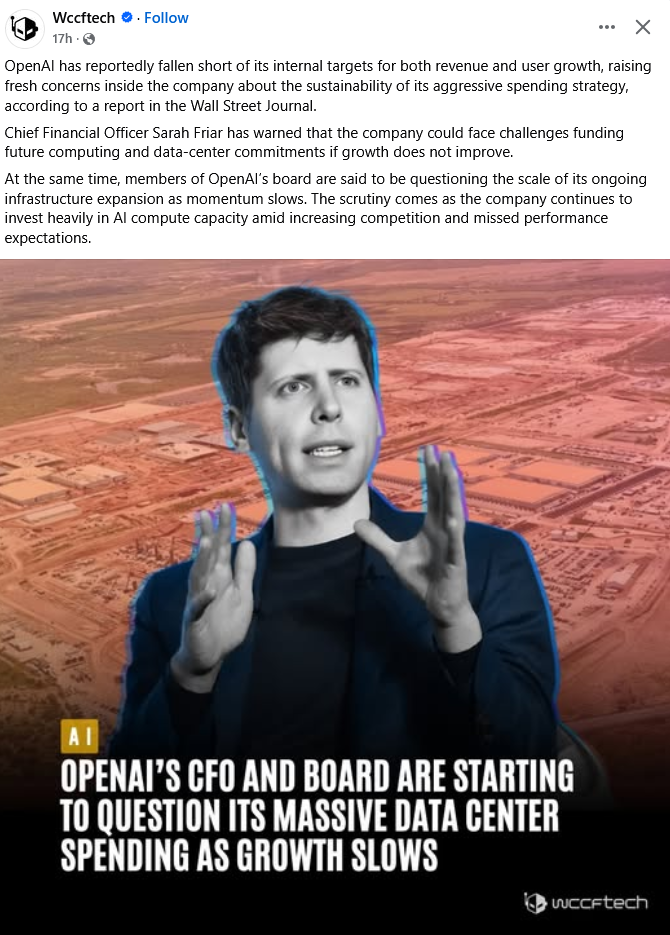 This anti-tech meme satirizes OpenAI's reported over-spending on AI technology and its subsequent financial troubles. The accompanying text explains that the company has failed to meet internal revenue targets, prompt...