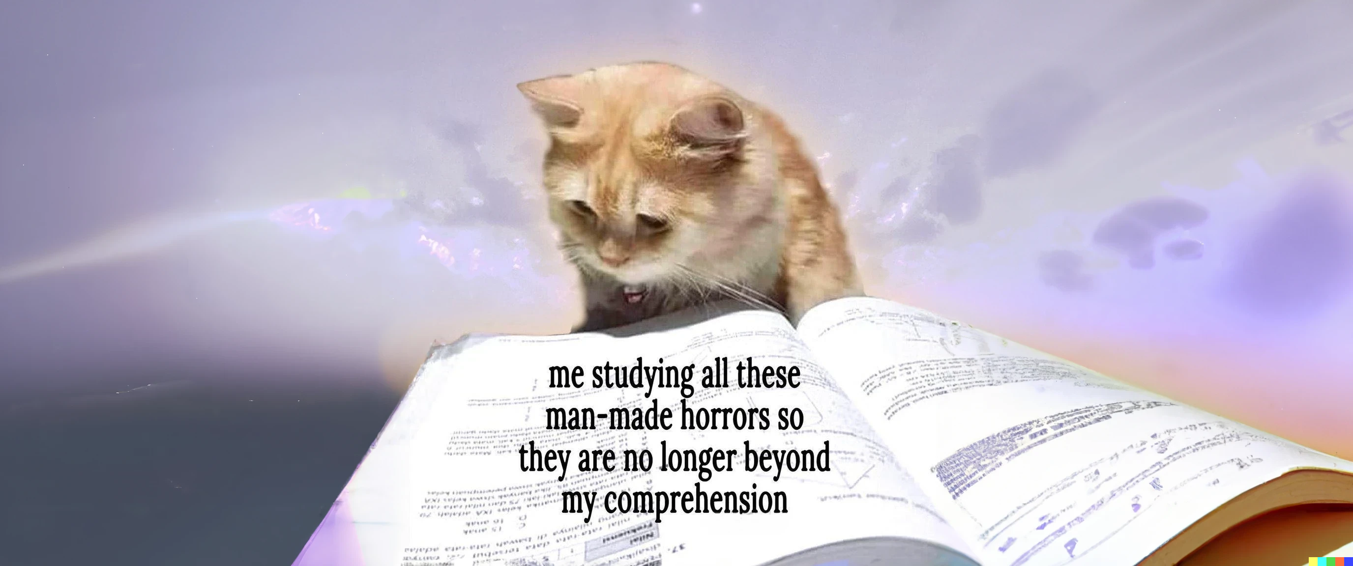 Okay, let's break down this image through several theoretical lenses. **Visual Description** The image depicts an orange tabby cat seemingly "studying" a heavily annotated, open book. The book is filled with dense tex...