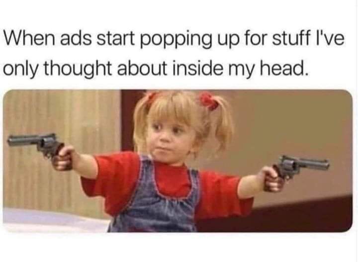 The meme is a commentary on the increasing prevalence of targeted advertising on the internet. It features an image of a young girl from the TV show "Full House" holding a gun and pointing it at the viewer, with the c...