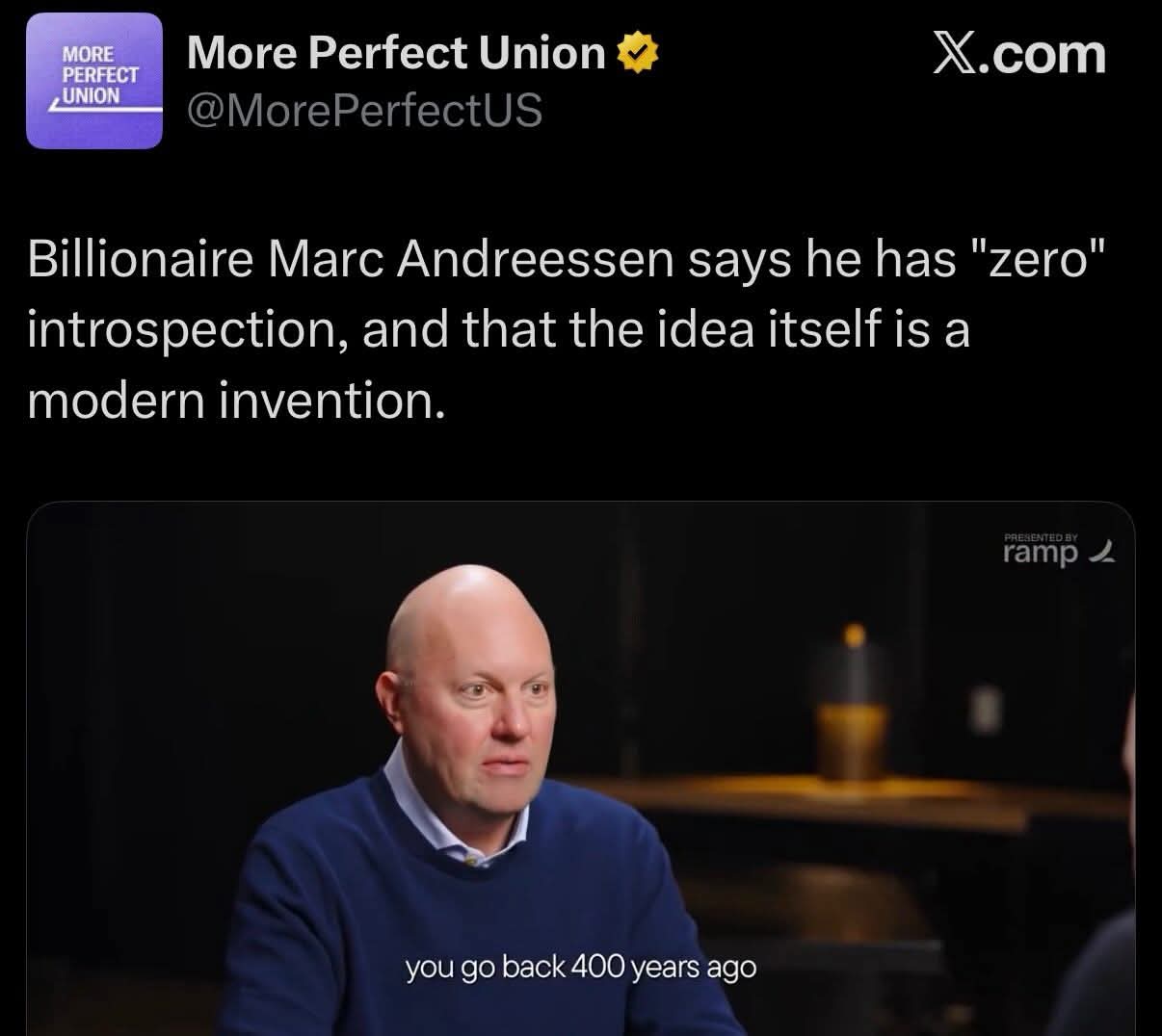 This meme satirizes the disconnect between business history and modern technology trends by showing a clip of tech billionaire Marc Andreessen making an absurd claim about his innovation. The caption alleges that he h...