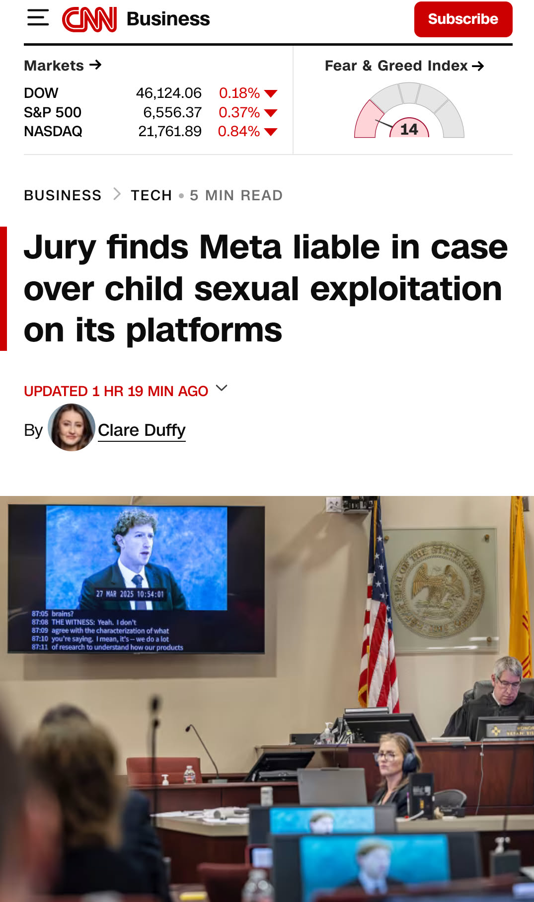 This meme satirically juxtaposes Wall Street stock tickers with a high-stakes courtroom trial featuring Mark Zuckerberg, suggesting Meta is now facing independent legal review rather than corporate control. It depicts...