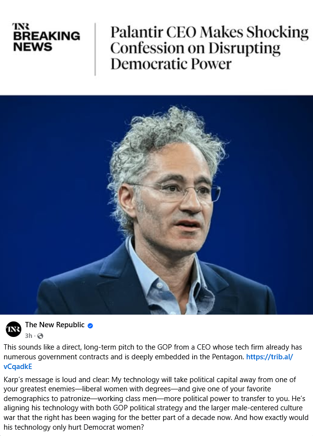 This meme mocks the notion that technology is neutral and should serve the public good without bias. It criticizes Palantir CEO Karp for using his software to "take political capital away from one of your greatest ene...