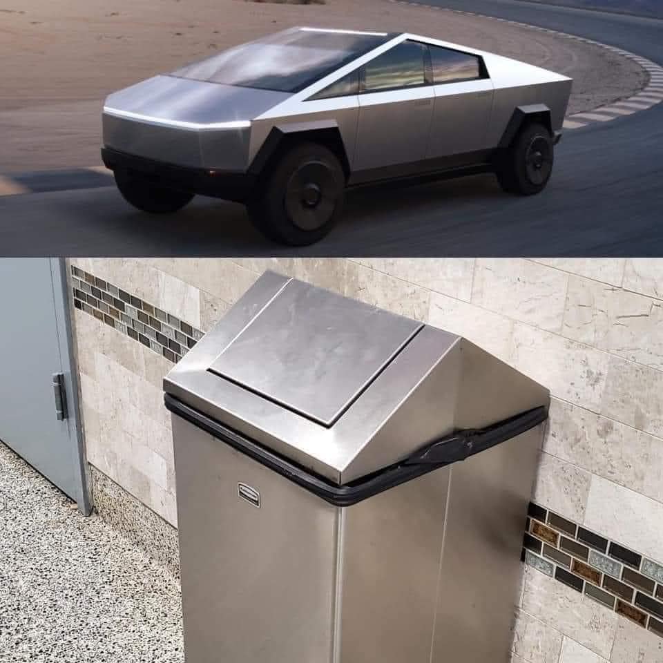 Okay, let's break down this image of the Tesla Cybertruck alongside a stainless steel trash bin, through the lenses you've provided. It's a compelling juxtaposition that invites these sorts of analyses. ## Visual Desc...