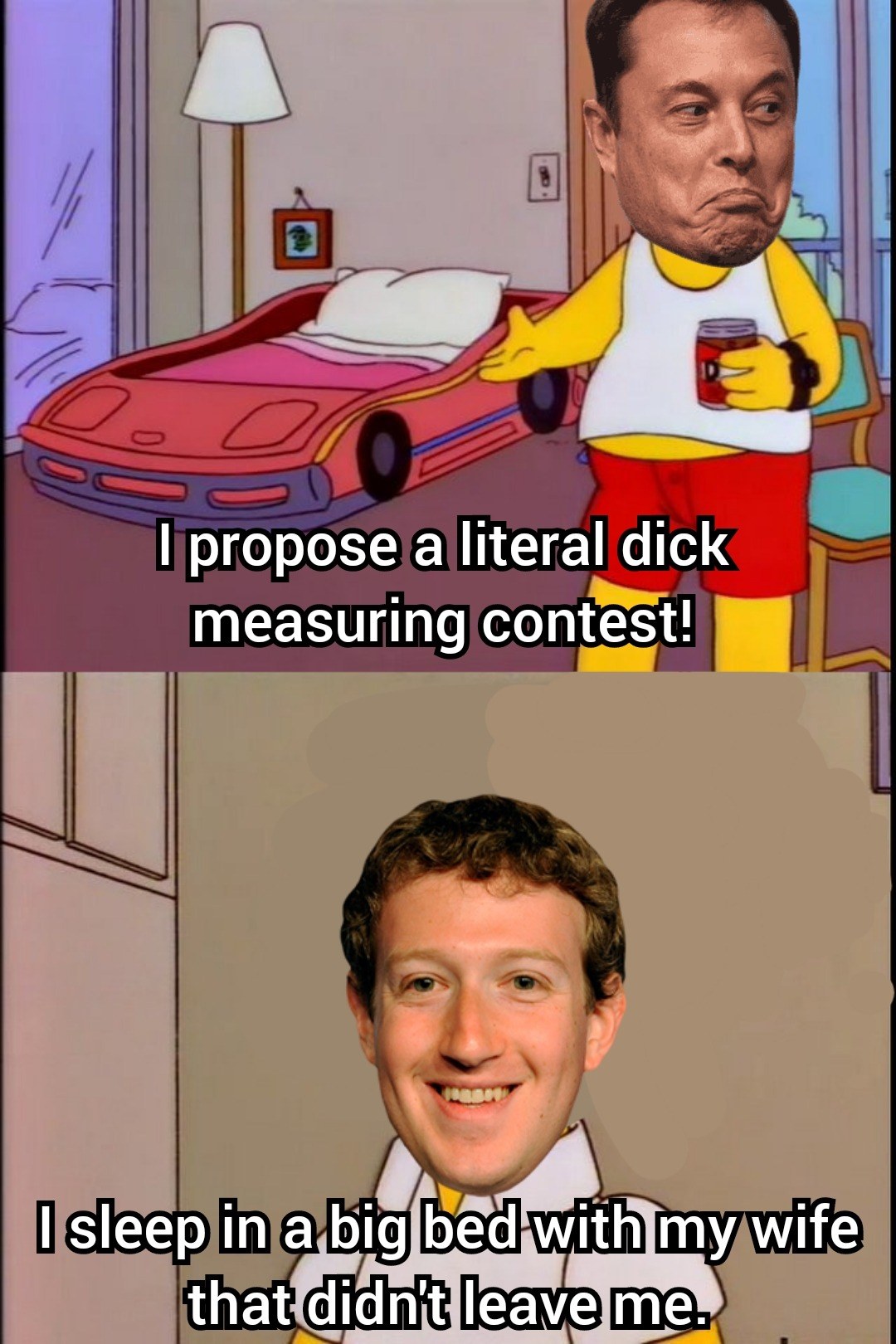 Okay, let's break down this image, which is a meme combining imagery of Elon Musk and Mark Zuckerberg with overlaid text, through the lenses you requested. Given the nature of the image and the phrasing, several of th...