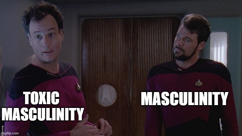 Okay, let's break down this meme using the requested theoretical lenses. **Visual Description** The image is a meme using a side-by-side comparison of two actors in Star Trek: The Next Generation uniforms. On the left...