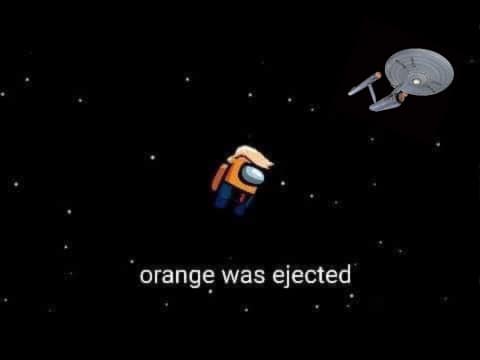 Okay, let's analyze the image with the requested theoretical lenses. **Visual Description** The image depicts a scene from the video game *Among Us*. A small, capsule-shaped character in an orange spacesuit is floatin...