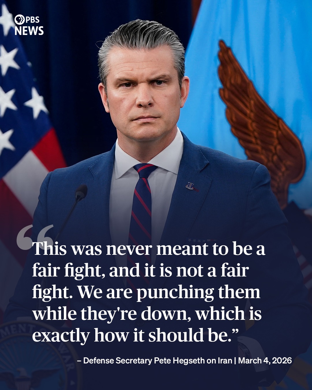 This image depicts Pete Hegseth, a key political rival of Donald Trump during his presidency, making a controversial statement about military actions against Iran. The quote implies that because President Trump's admi...