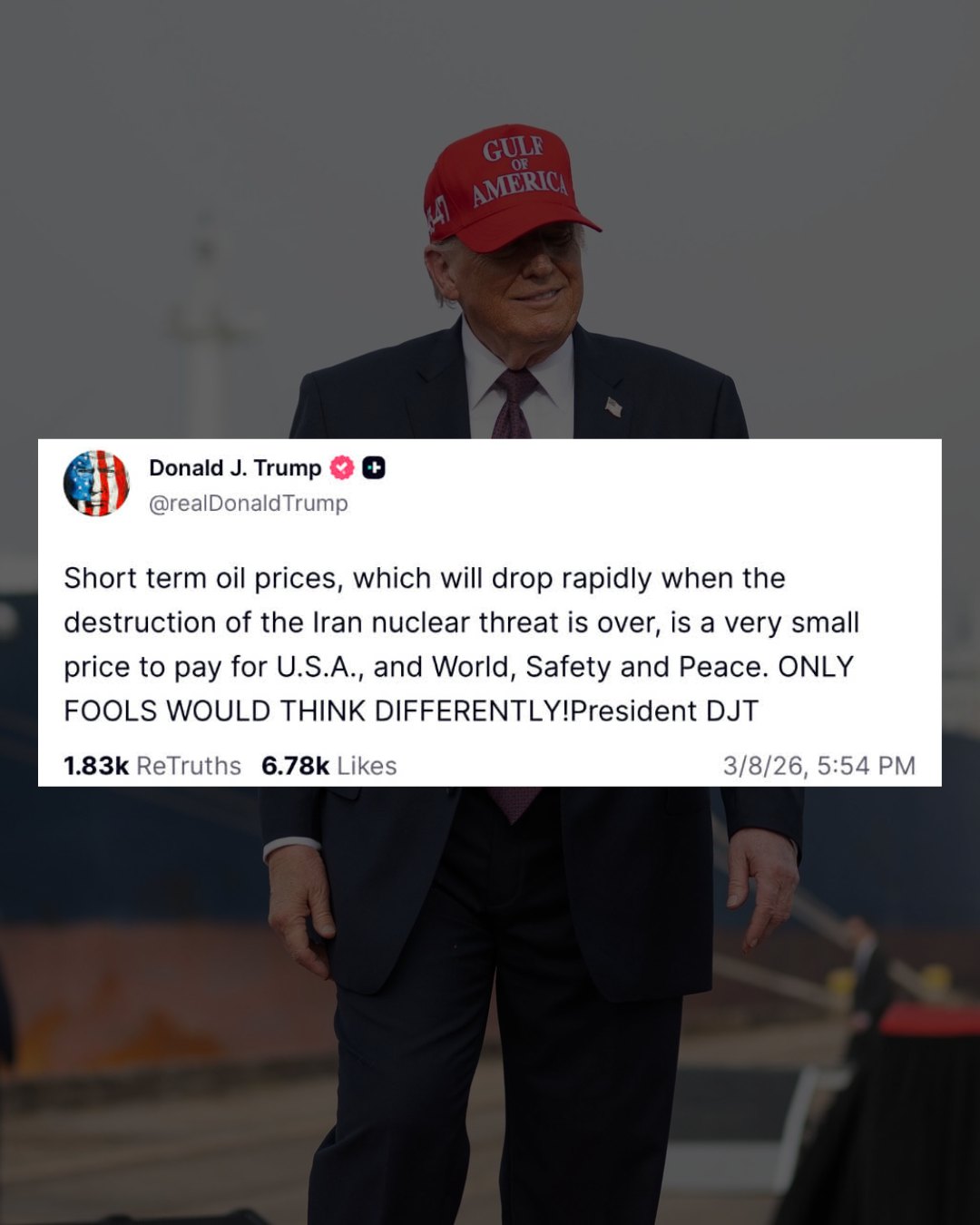 This meme presents a political critique of Donald Trump by showing his profile alongside a tweet that argues he would accept short-term economic losses. The image includes the full text of the post, where Trump claims...