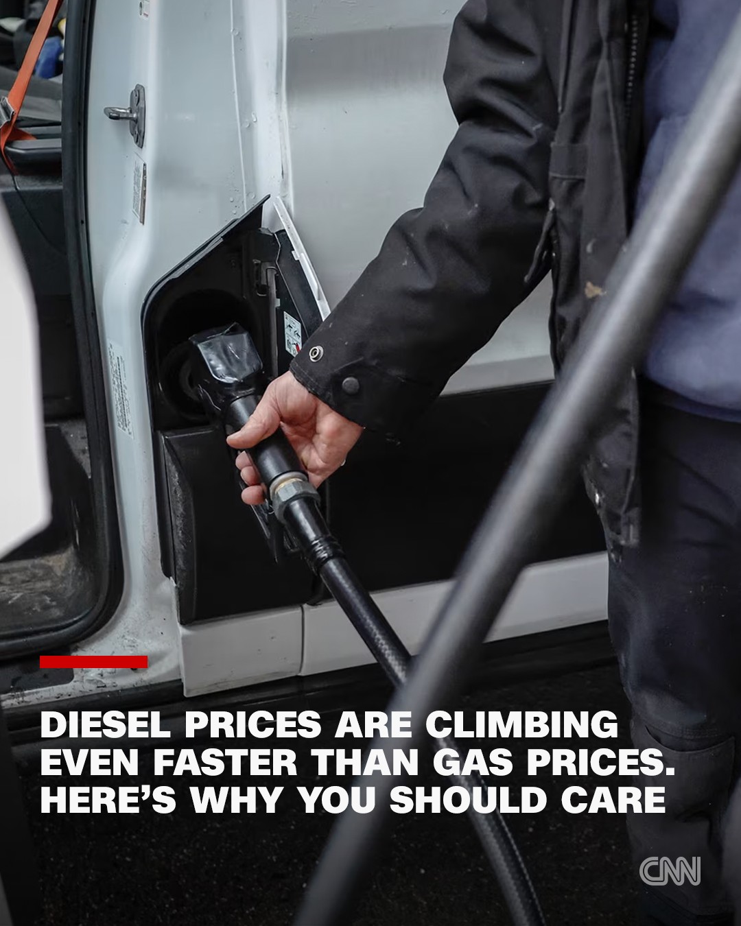This meme features a close-up shot of a person filling up fuel at the door of a truck, accompanied by text stating that "Diesel prices are climbing faster than gas prices." In an anti-Trump context, this is often used...