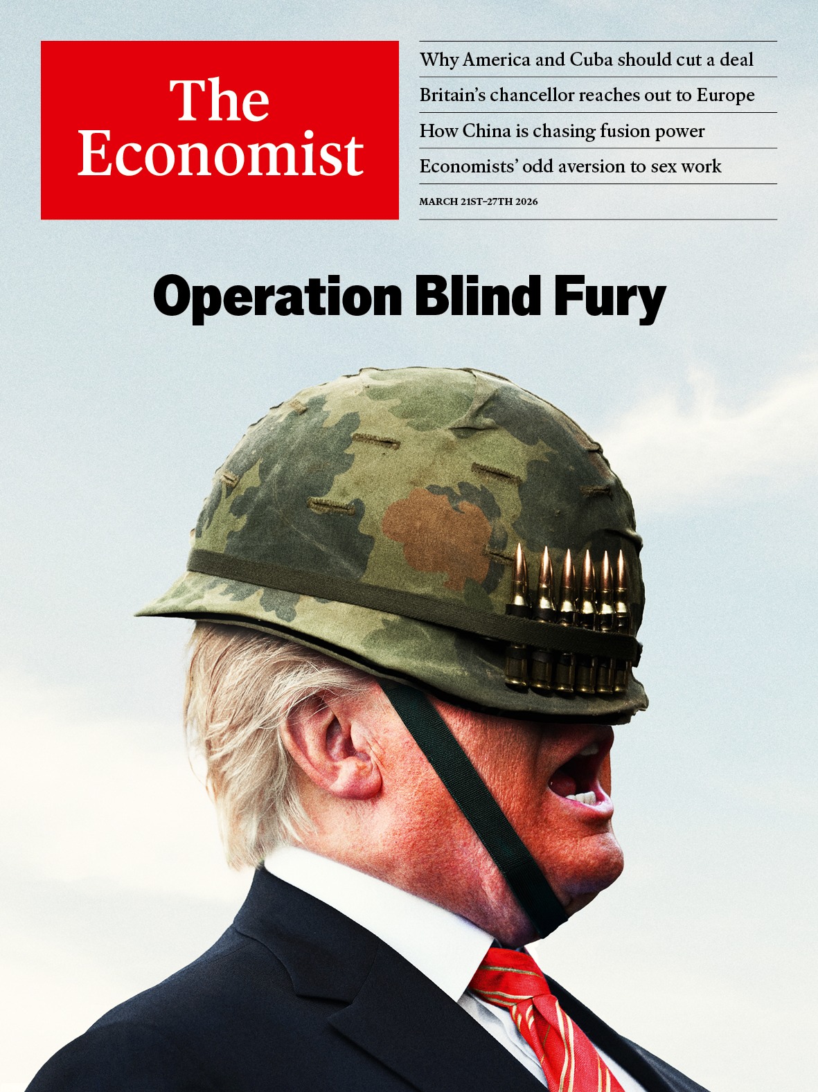 This anti-Trump illustration shows a man in military gear wearing a helmet loaded with bullets to symbolize war or conflict. The headline "Operation Blind Fury" plays on the concept of him being unable to see his inte...
